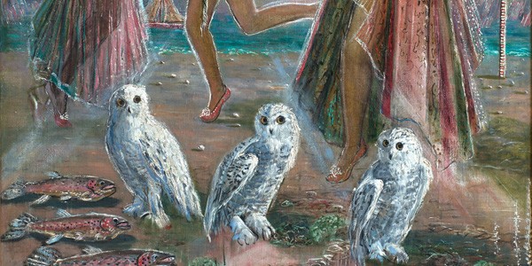 Detail from Three Women and Three Owls, ca. 1948, Juanita Guccione, courtesy of Weinstein Gallery