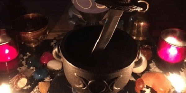 Bridget Engels' altar with knife and cauldron, photo by Bridget Engels