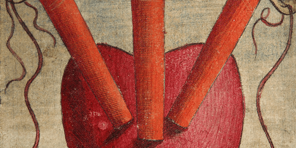 Detail of the Three of Swords from the Tarocchi Sola Busca_ Ferrara XV Century