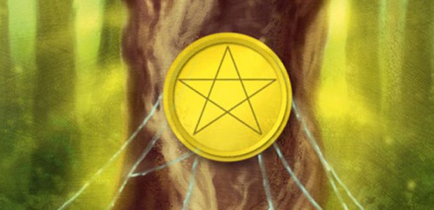 Silver Witchcraft Tarot Kit, by Barbara Moore Detail of the Ace of Pentacles, from the Silver Witchcraft Tarot