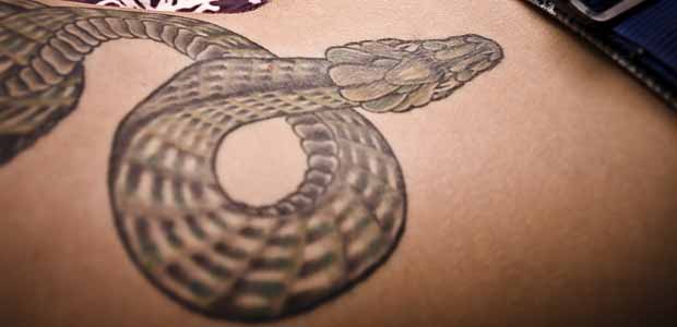 Sacred tattoos: Temporary skin, permanent mark Snake tattoo, photo by Roddy Keetch